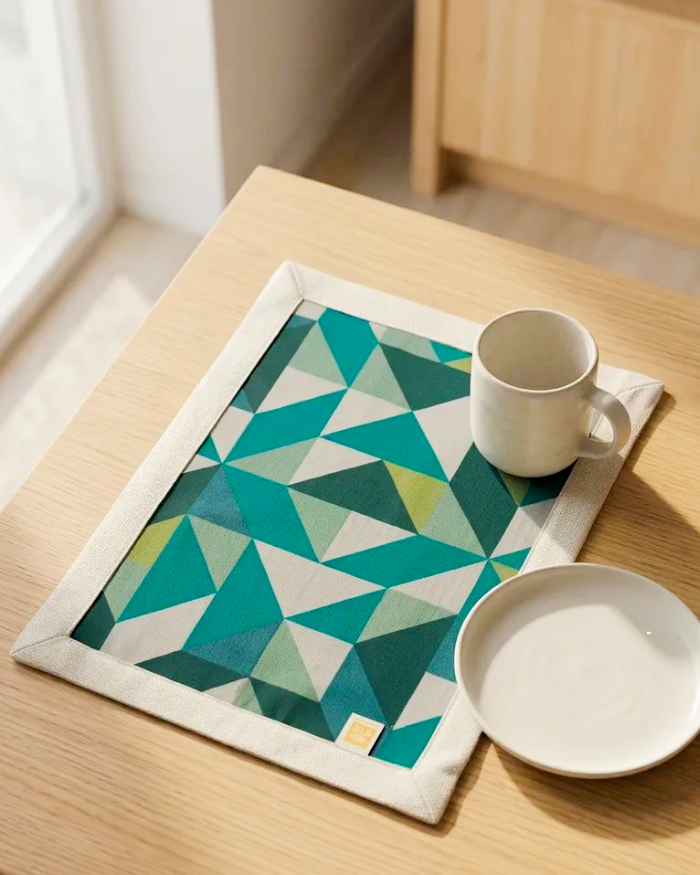 Green Mosaic placemat styled with coffee cup and plate