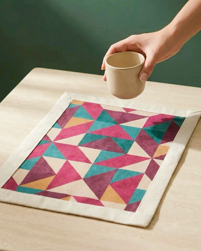 Purple Mosaic placemat styled with ceramic mug on dining table