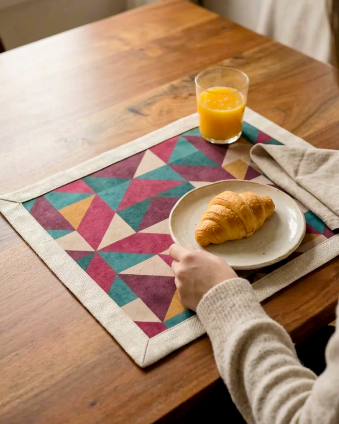 Breakfast table styling with purple Mosaic placemat and croissant